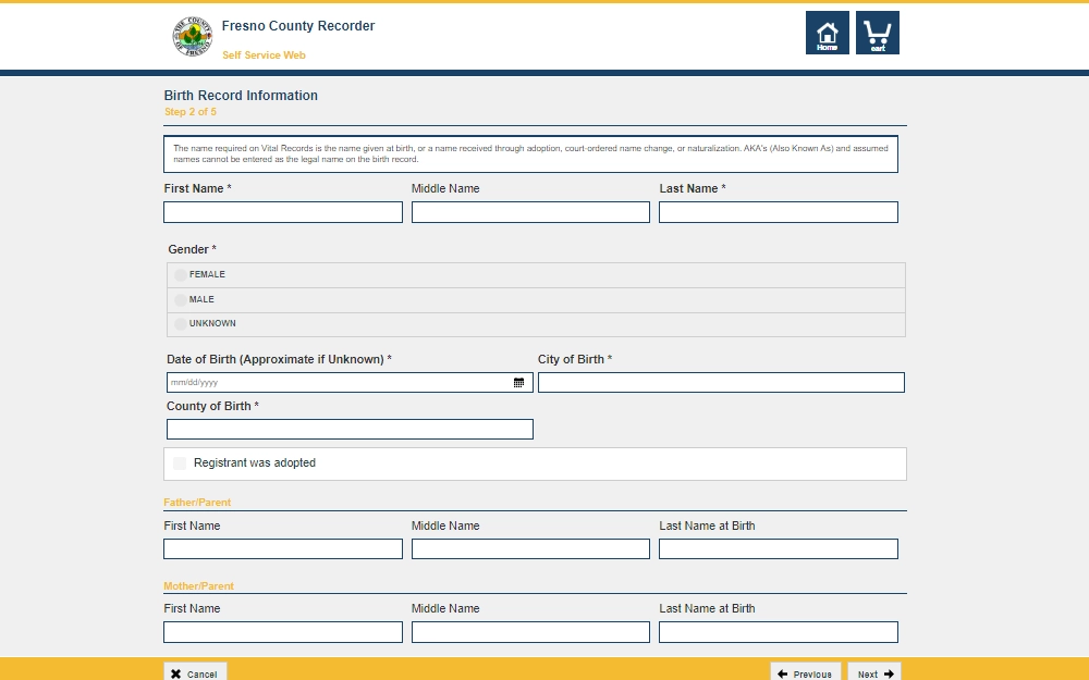 A screenshot of the Birth Record Information online request service offered by Fresno County Recorder's office shows Step 2 of 5 in the request process, which is to provide birth record information like the full name, gender, DOB, and other information needed to find the birth record of the individual in question.