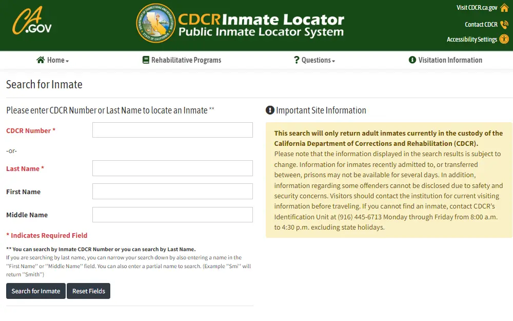 A screenshot of the CDCR Inmate Locator portal that can be searched by providing the CDCR number and the name of the inmate, with a necessary last name entry and optional first and middle names.