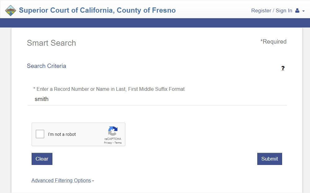 A screenshot of Fresno County Superior Courts' Smart Search portal, where anyone can search for cases like criminal cases by providing the record number or the name of the person being searched, with advanced filtering options for a more efficient search.
