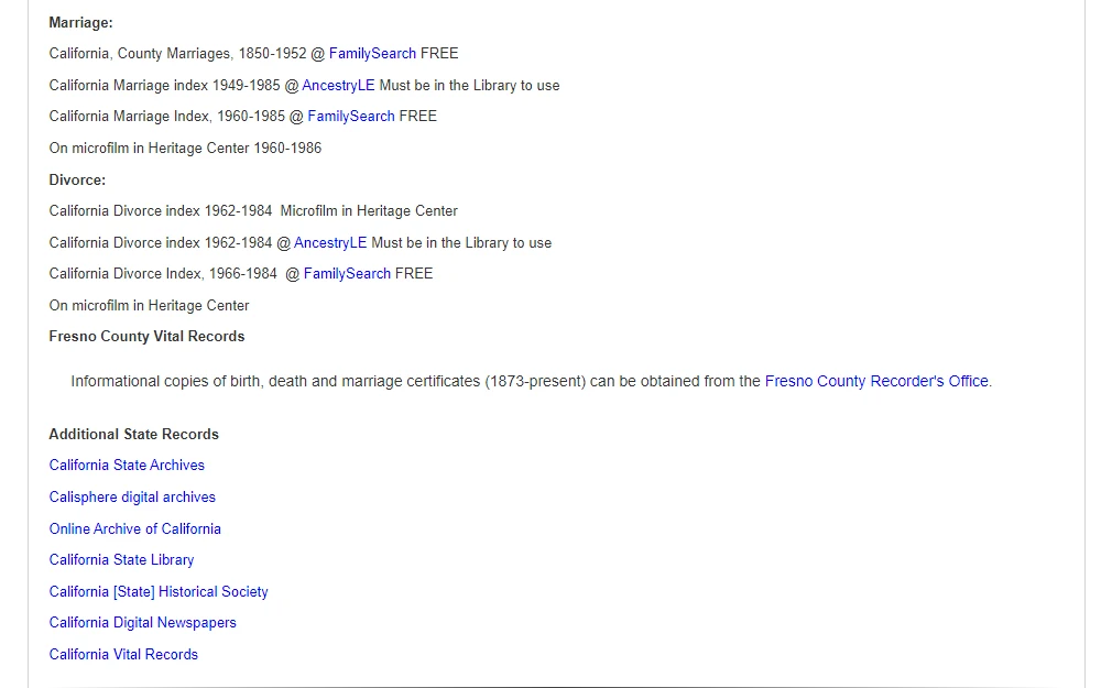 A screenshot showing the lists of indexes where anyone can search for historical Fresno County marriage and divorce records; additional state records search tools are shown as well.