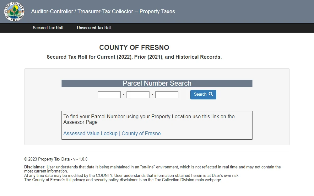 A screenshot of the Fresno County Treasurer/Tax Collector's property tax search tool that is searchable by parcel number.