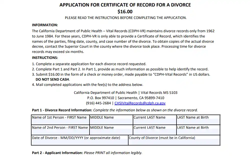 Screenshot of the state application form for a certificate of record for a divorce with fields for record information and displaying instructions.