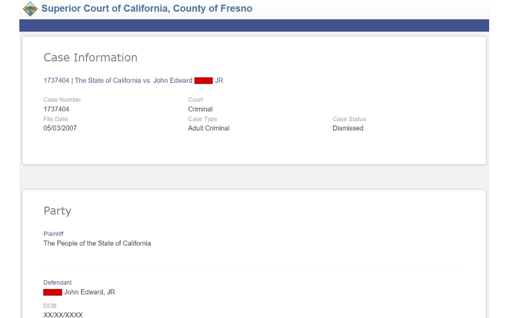 A screenshot from the Superior Court of California detailing case information for a criminal matter, indicating the case number, file date, court type, case status as dismissed, and the parties involved, with the plaintiff listed as "The People of the State of California" and the defendant's name provided.