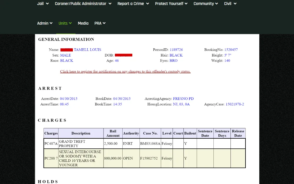 A screenshot from the Fresno County Sheriff's Office shows an individual's personal and detention details, including name, demographic information, arrest date and time, booking number, charges with bail amounts, and housing location.