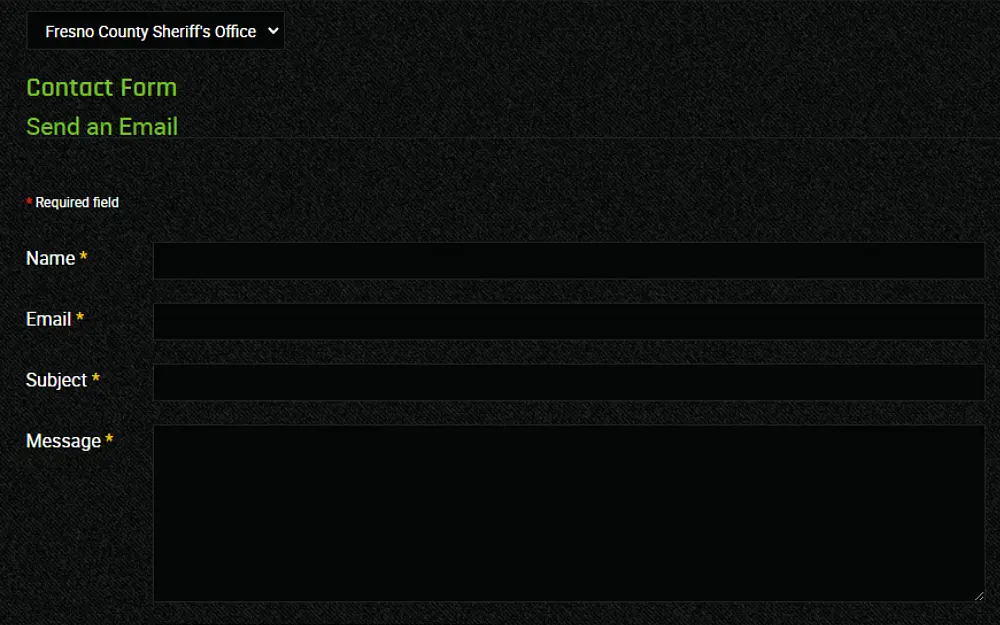 A screenshot showing a contact form to send an email requiring fields are the following: name, email address, subject and message in the Fresno County Sheriff's Office website.