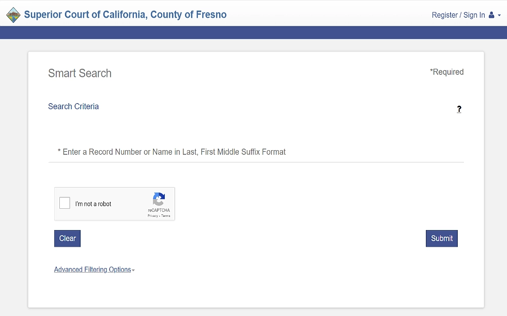 A screenshot of the smart search on the Fresno Superior Court website uses search criteria such as record number, last name, first name, middle name, suffix and format; the page displays a captcha verification, a blue clear and a submit button at the bottom.