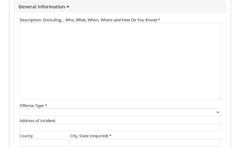 A screenshot of the tip form to be sent to the Fresno County Sheriff’s Office with the necessary information to be filled in, such as the description of the incident, including who, what, when, where and how you know, offense type, the address of the incident, its county, city and state.