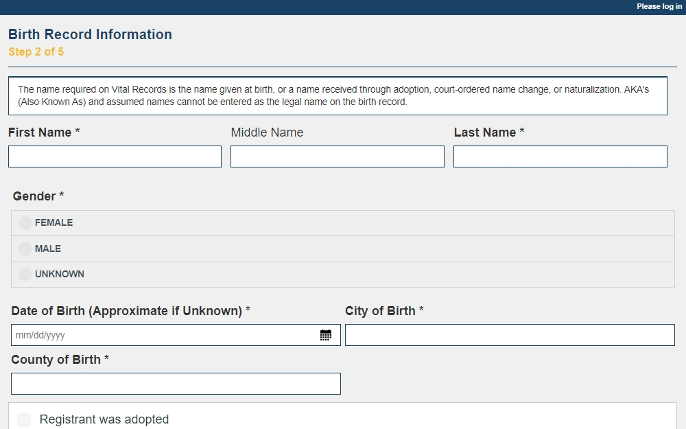 A screenshot of the Birth Record Information online request service offered by the Fresno County Recorder's office shows Step 2 of 5 in the request process, which is to provide birth record information like the full name, gender, DOB, and other information needed to find the birth record of the individual in question.