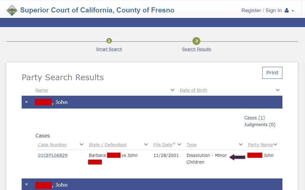 A screenshot from the search portal provided by the Fresno County Superior Court displays marriage dissolution case search results, including the party names, case number, filing date, and case type.