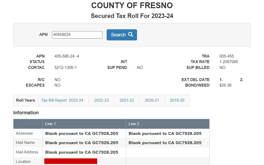 A screenshot from the Fresno County Tax Collector search tool displays property tax information, including parcel number, status, tax rate, bond amount, assessee, mail name, address, location, and links to the annual tax bill reports, among others.