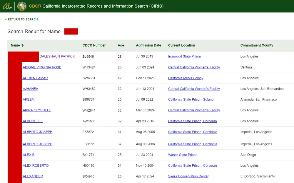 A screenshot of the California Incarcerated Records and Information Search results displays details such as complete name, CDCR number, age, admission date, current location, and commitment county from the California Department of Corrections & Rehabilitation website.