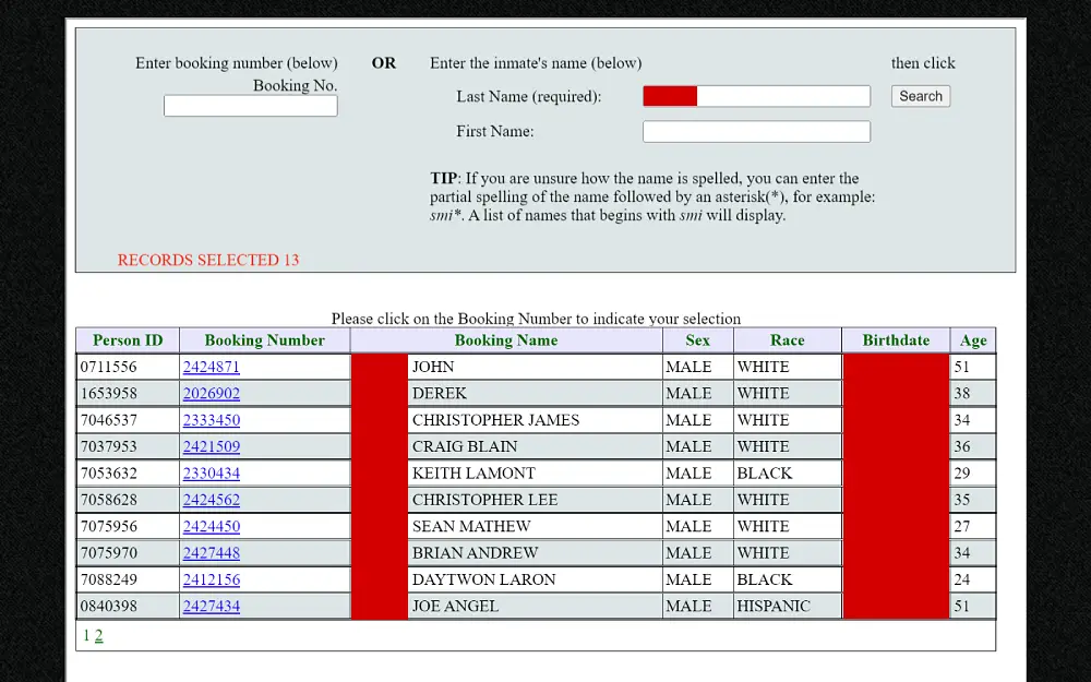 A screenshot from the Fresno County Sheriff’s Office website displaying Incarcerated Person Search results showing information such as person ID, booking number and name, sex, race, birthdate, and age.